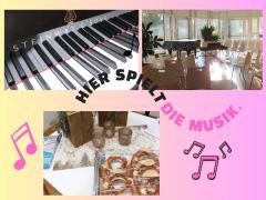 Collage zur Offenen Bühne mit einer Tastatur, dem Saal und Brezeln.